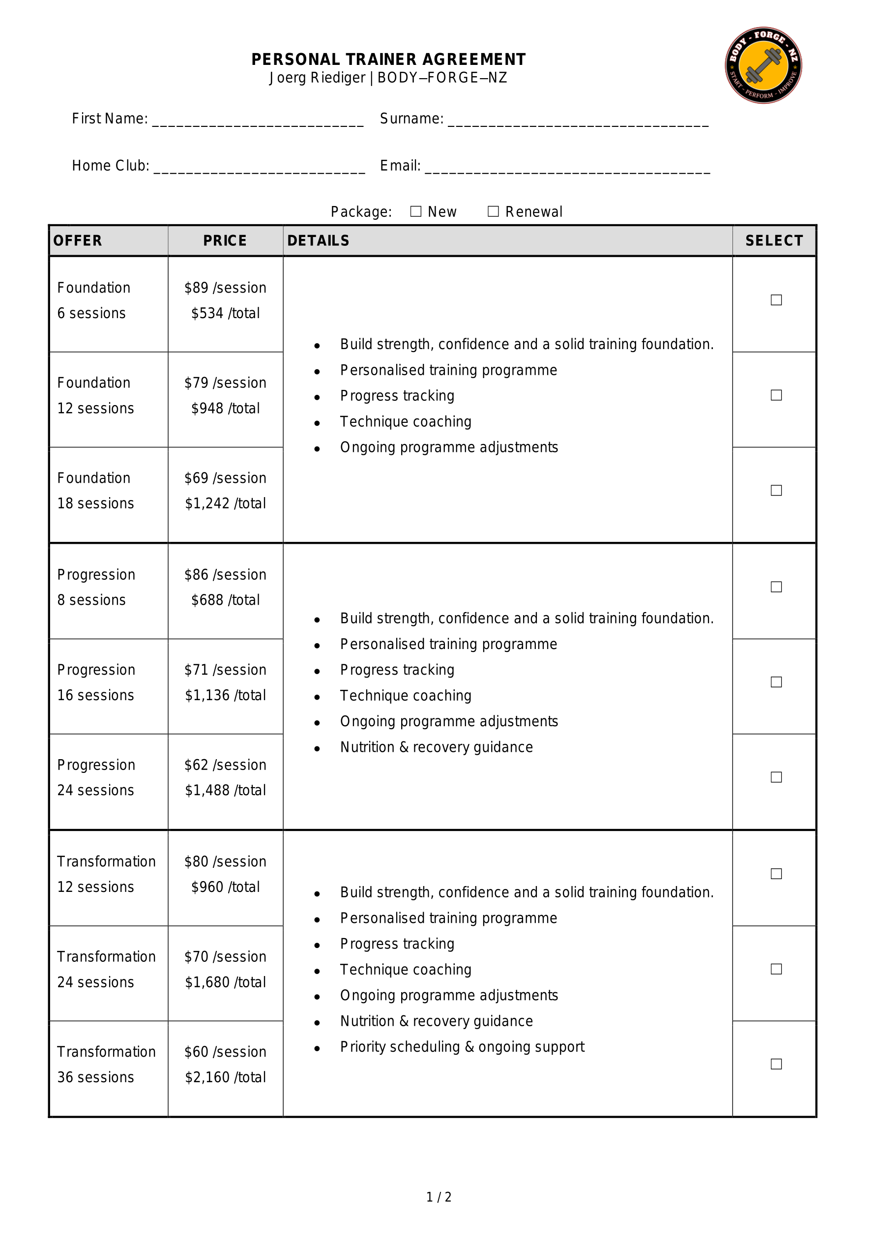 Preview of the Body-Forge-NZ Personal Trainer Agreement