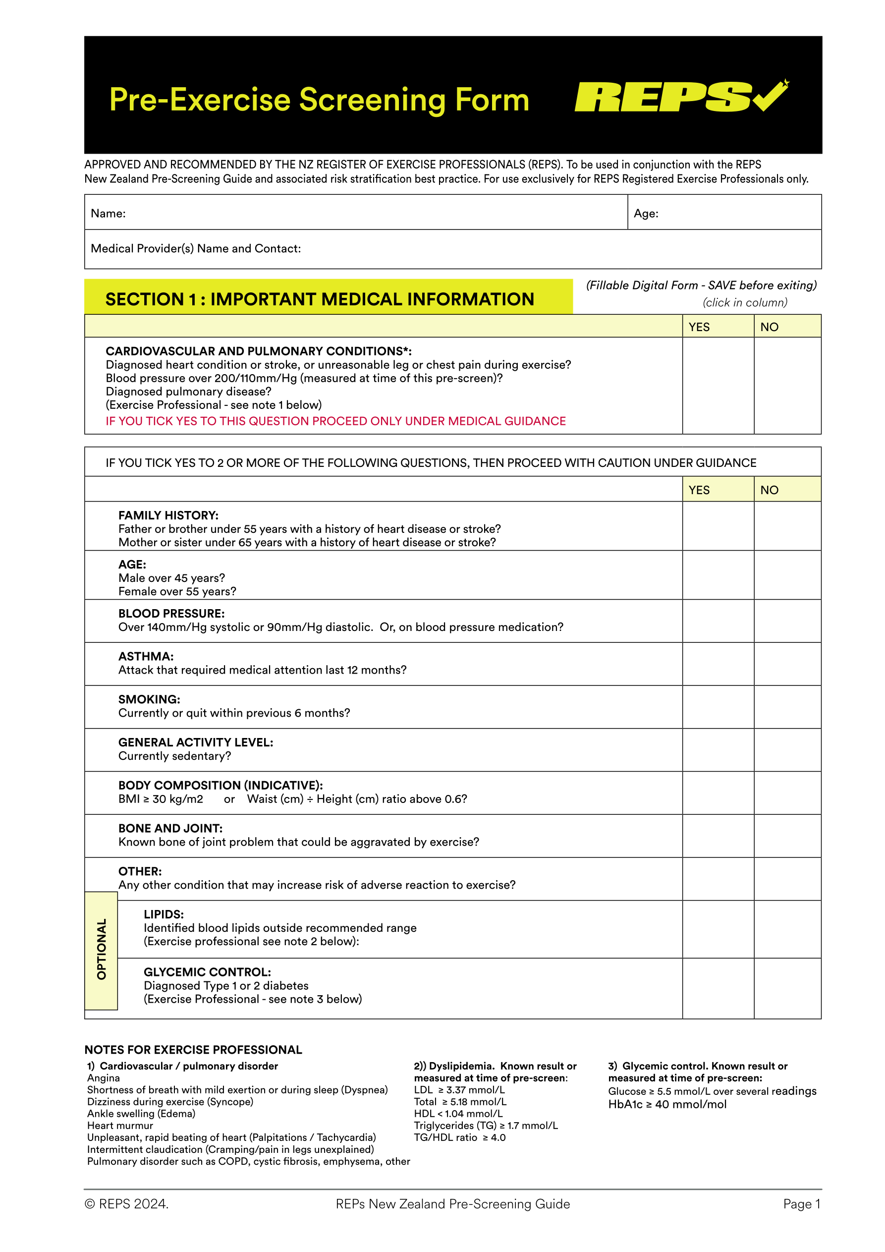 Preview of the REPs Pre-Exercise Screening Form